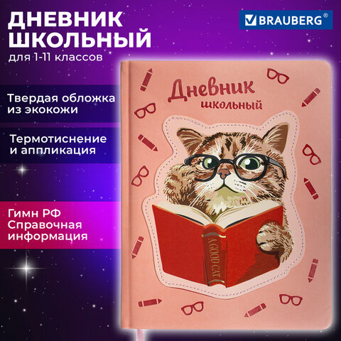 Дневник 1-11 класс 48 л., кожзам (твердая с поролоном), тиснение, аппликация, BRAUBERG, 