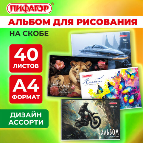 Альбом для рисования А4, 40 листов, скоба, обложка офсет, ПИФАГОР, 203х288 мм, 