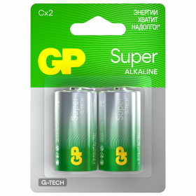 Батарейки КОМПЛЕКТ 2 шт., GP Super G-Tech, С (LR14, 14А), алкалиновые, блистер, 14A-2CR2