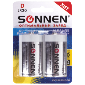 Батарейки КОМПЛЕКТ 2 шт, SONNEN Alkaline, D (LR20, 13А), алкалиновые, в блистере, 451091