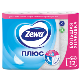 Бумага туалетная 2-х слойная, 12 рулонов (12х23 м), белая, ZEWA Plus, 144090