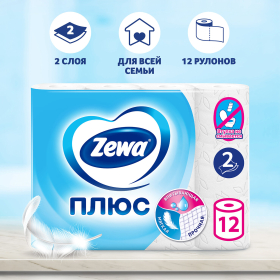 Бумага туалетная 2-х слойная, 12 рулонов (12х23 м), белая, ZEWA Plus, 144090