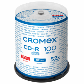 Диски CD-R CROMEX, 700 Mb, 52x, Cake Box (упаковка на шпиле), КОМПЛЕКТ 100 шт., 513778