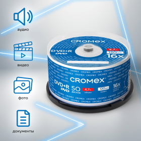 Диски DVD+R (плюс) CROMEX, 4,7 Gb, 16x, Cake Box (упаковка на шпиле), КОМПЛЕКТ 50 шт., 513775