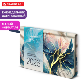 Еженедельник датированный 2026 МАЛЫЙ ФОРМАТ 95х155 мм, А6, BRAUBERG "Vista", под кожу, "Цветы", 117204