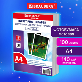 Фотобумага матовая, А4, 140 г/м2, односторонняя, 100 листов, ПАКЕТ, BRAUBERG ORIGINAL, 364427
