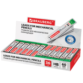 Грифели запасные 0,7 мм, HB, BRAUBERG, КОМПЛЕКТ 12 шт., "Hi-Polymer", 180446