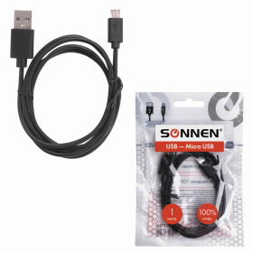 Кабель USB 2.0 – micro USB, 1 м, SONNEN, медь, для передачи данных и зарядки, черный, 513115