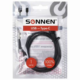 Кабель USB 2.0 – Type-C, 1 м, SONNEN, медь, для передачи данных и зарядки, черный, 513117