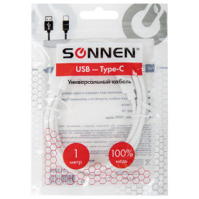 Кабель USB2.0 – Type-C, 1 м, SONNEN, медь, для передачи данных и зарядки, белый, 513558