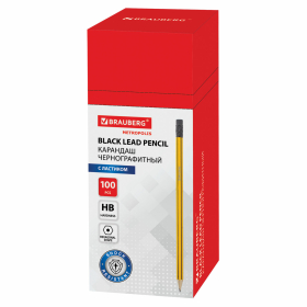 Карандаш чернографитный BRAUBERG, 1 шт., НВ, с ластиком, корпус желтый с черными полосами, заточенный, 180614