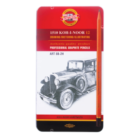 Карандаши чернографитные KOH-I-NOOR, НАБОР 12 шт., "Art", 8В-2H, без резинки, металлическая коробка, 1502012008PL