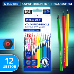 Карандаши цветные BRAUBERG, 12 цветов, шестигранные, грифель 3,3 мм, черное дерево, 181856