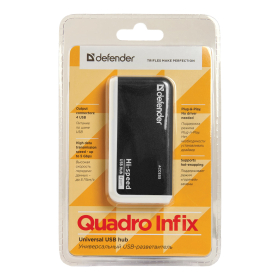 Хаб USB 2.0, 4 порта, порт для питания, черный, DEFENDER QUADRO INFIX, 83504