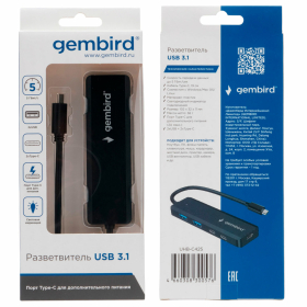 Хаб USB 3.1, 2xUSB, 2xType-C, с дополнительным питанием (Type-C), кабель Type-C 19 см, черный, GEMBIRD UHB-C425