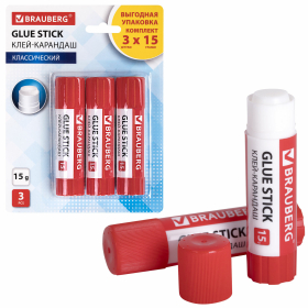 Клей-карандаш 15 г ВЫГОДНАЯ УПАКОВКА BRAUBERG, 3 штуки на блистере, 271307