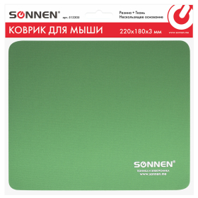 Коврик для мыши SONNEN "GREEN", резина + ткань, 220х180х3 мм, 513305