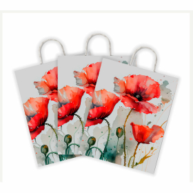 Крафт-пакет бумажный "Маки" 22х12х25 см, с кручеными ручками, плотность 100 г/м2, белый, 114171