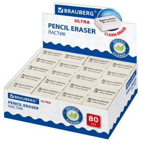Ластик BRAUBERG "Ultra Square", 26х18х8 мм, белый, натуральный каучук, 228707