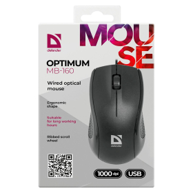 Мышь проводная DEFENDER Optimum MB-160, USB, 2 кнопки + 1 колесо-кнопка, оптическая, черная, 52160