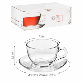 Набор чайный на 6 персон (6 кружек 215 мл, 6 блюдец), стекло, PASABAHCE "БЕЙЗИК", фирменная подарочная упаковка, 97948
