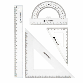 Набор чертежный BRAUBERG (линейка 20 см, 2 треугольника, транспортир), прозрачный, 210853