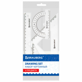 Набор чертежный BRAUBERG (линейка 20 см, 2 треугольника, транспортир), прозрачный, 210853
