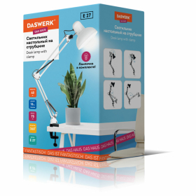 Настольная лампа / светильник на струбцине, Е27, 40 Вт, белый, высота 75 см, DASWERK, 238323