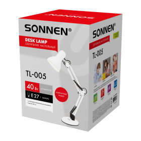 Настольная лампа-светильник SONNEN TL-005, подставка, 40 Вт, Е27, белый, высота 50 см, 237647