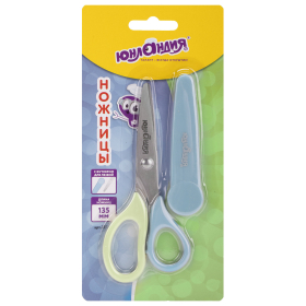 Ножницы ЮНЛАНДИЯ, 135 мм, с футляром для лезвий, желто-голубые, блистер, 237110