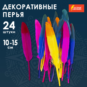Перья декоративные прямые, 10-15 см, 24 шт., 6 цветов, двухцветные, ассорти, ОСТРОВ СОКРОВИЩ, 661381