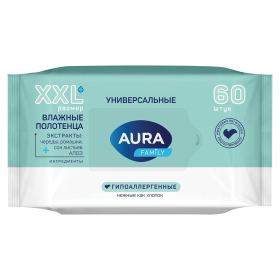 Полотенца влажные 60 шт., AURA "Family", универсальные, 14403