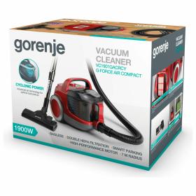 Пылесос GORENJE VC1901GACRCY с контейнером "циклон", 1900 Вт, мощность всасывания 300 Вт, красный