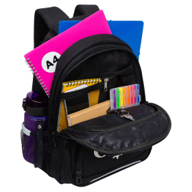 Рюкзак GRIZZLY школьный, укрепленная спинка, 3 отделения, для девочек, "MIAW", фиолетовый, 39х30х20 см, RG-562-1/3