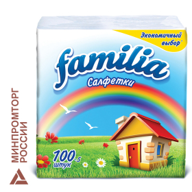 Салфетки бумажные 100 шт., 24x23 см, FAMILIA, белые, 100% целлюлоза, 5039302, 5080553