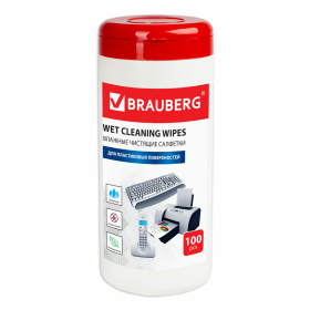 Салфетки для пластиковых поверхностей BRAUBERG, туба 100 шт., влажные, 510123