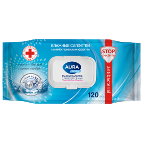 Салфетки влажные 120 шт., AURA Family, антибактериальные, для всей семьи, крышка клапан, 92342, 14622