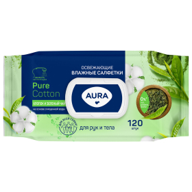 Салфетки влажные 120 шт., AURA, освежающие, крышка клапан, 12827