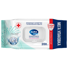 Салфетки влажные 200 шт., AURA Family, антибактериальные, для всей семьи, крышка клапан, 10394