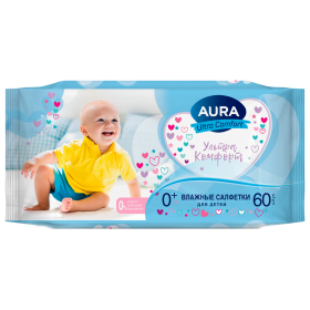 Салфетки влажные 60 шт., для детей, AURA "Ultra Comfort", без спирта, 8106