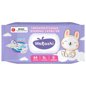 Салфетки влажные 64 шт., для детей 0+, WATASHI, без спирта, крышка-клапан, 12587