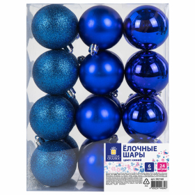 Шары ёлочные 24 шт., 6 см, "Trio", пластик, СИНИЕ (глянец, матовый, глиттер), ЗОЛОТАЯ СКАЗКА, 592160