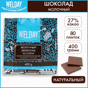 Шоколад порционный с фундуком и печеньем WELDAY (ВЭЛДЭЙ), молочный 27%, 400 г (80 плиток по 5 г), 622408