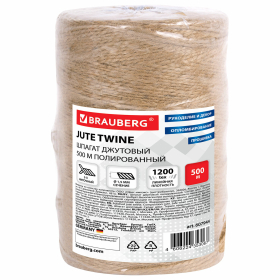 Шпагат джутовый полированный длина 500 м диаметр 1,5 мм, 2-х ниточный, BRAUBERG, 607944