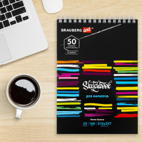 Скетчбук для маркеров, бумага 160 г/м2, 210х297 мм, 50 л., гребень, подложка, BRAUBERG ART CLASSIC, "Неон", 115077