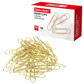 Скрепки большие 50 мм, BRAUBERG, золотистые, 50 шт., в картонной коробке, 270447