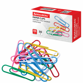 Скрепки большие 50 мм, цветные, 50 шт., в картонной коробке, BRAUBERG, 221533