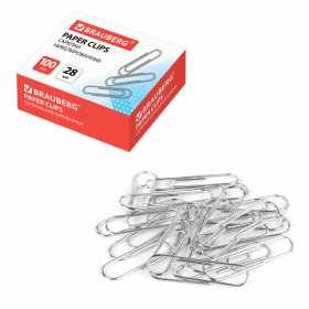 Скрепки BRAUBERG, 28 мм, никелированные, 100 шт., в картонной коробке, Россия, 221523