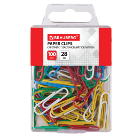 Скрепки BRAUBERG, 28 мм, цветные, 100 шт., в пластиковой коробке, 221111