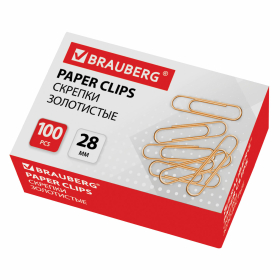 Скрепки BRAUBERG, 28 мм, золотистые, 100 шт., в картонной коробке, 221529